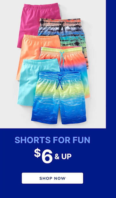 Colorful and vibrant shorts in various patterns and designs, displayed on a blue background with the text "SHORTS FOR FUN $6 & UP" 
