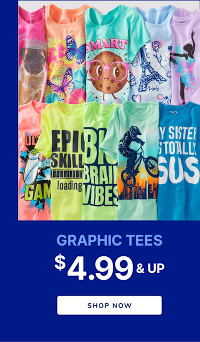 Colorful graphic t-shirts featuring various designs and slogans, with a price tag of $4.99 and up