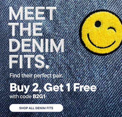White text on a denim background announces a "Buy 2, Get 1 Free" denim sale, with a winking smiley face patch to the right.