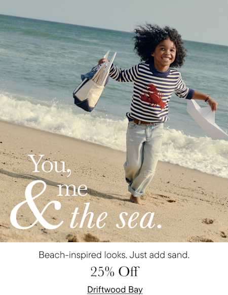 A smiling person in a striped shirt walks along a sandy beach with the ocean in the background, holding a bag with the text "You, me & the sea."