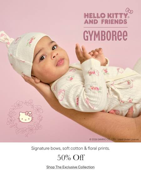 The image features a young child wearing a white outfit with floral prints, lying on a pink background with the "Hello Kitty and Friends Gymboree" logo prominently displayed.