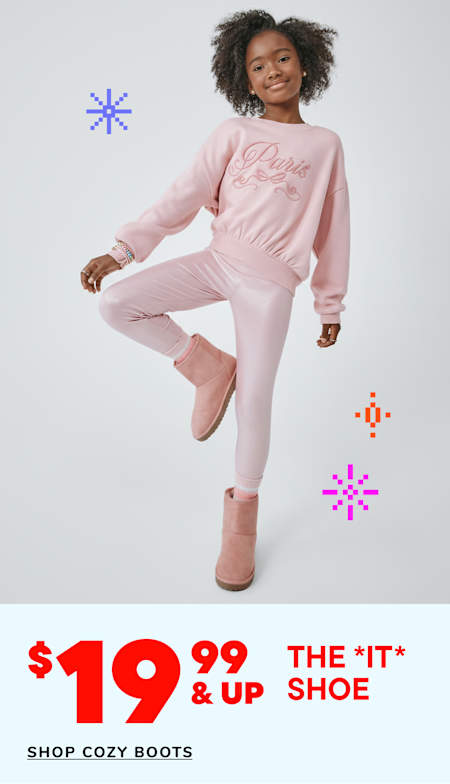 A young woman with curly hair wearing a pink outfit and boots stands in front of a plain white background, with various graphic elements and text overlaid on the image.