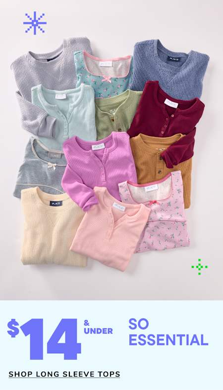 A collection of various long-sleeve tops in different colors and patterns, including gray, pink, and burgundy, displayed on a white background with a price tag indicating they are $14 or under.