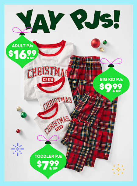 The image displays a variety of Christmas-themed pajama sets, including adult and big kid sizes, along with a "Yay PJs!" title and pricing information.