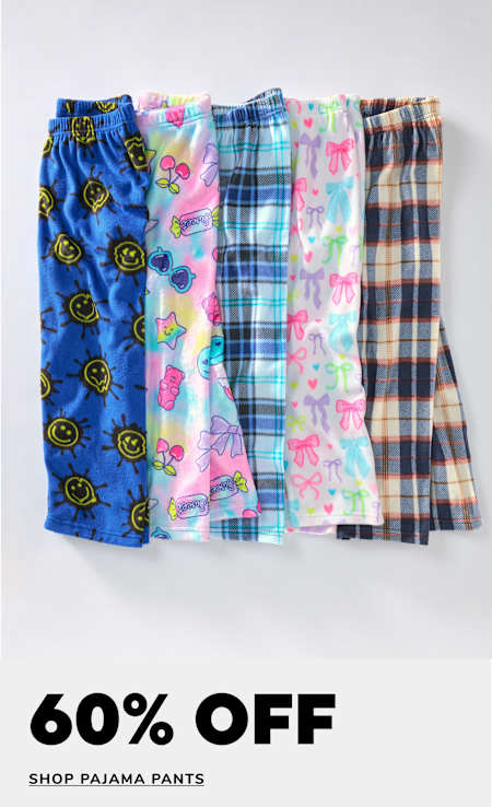 A collection of colorful and patterned pajama pants, including designs with smiley faces, plaid, and floral prints, displayed against a plain white background with a "60% OFF" promotional text.