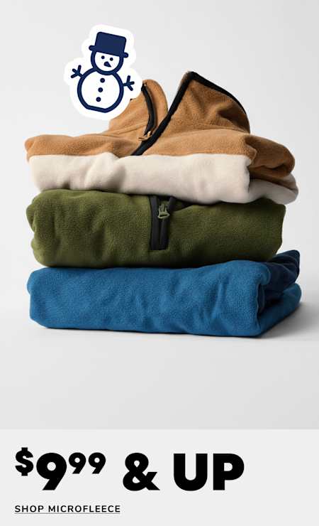 A stack of folded microfleece clothing items, including a tan, green, and blue garment, with a snowman logo visible on the top item, against a plain white background with a "60% OFF" text overlay.