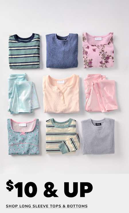 A collection of various long-sleeve tops and bottoms in pastel colors, including stripes, floral patterns, and solid hues, arranged on a plain background with a 60-70% off sale promotion displayed.