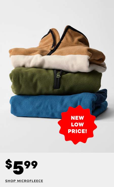 A stack of folded microfleece clothing items, including a tan, green, and blue garment, with a snowman logo visible on the top item, against a plain white background with a "60% OFF" text overlay.