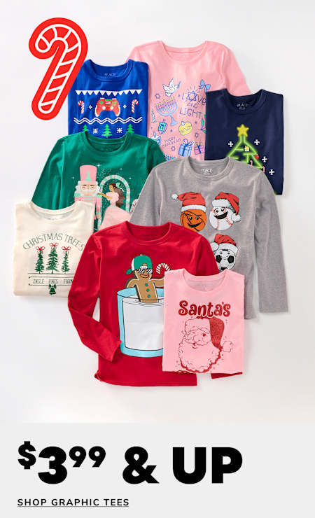 A collection of colorful and festive graphic t-shirts featuring various Christmas-themed designs, including candy canes, snowmen, and Santa Claus, displayed against a plain background with a price tag of $3.99 and up.
