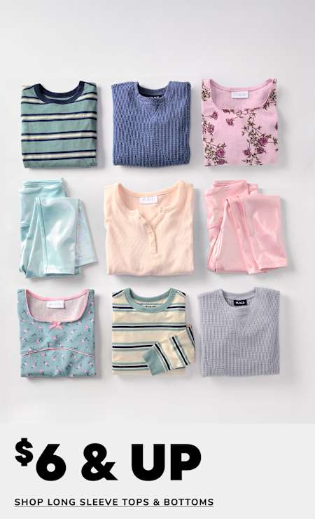 A collection of various long-sleeve tops and bottoms in pastel colors, including stripes, floral patterns, and solid hues, arranged on a plain background with a 60-70% off sale promotion displayed.