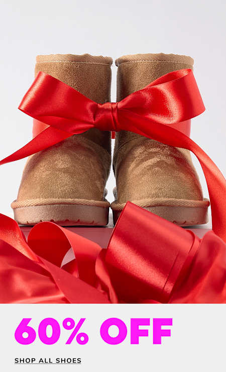 A pair of tan suede boots with red satin ribbons tied in a bow, set against a plain white background with a "60% OFF" promotional text overlay.