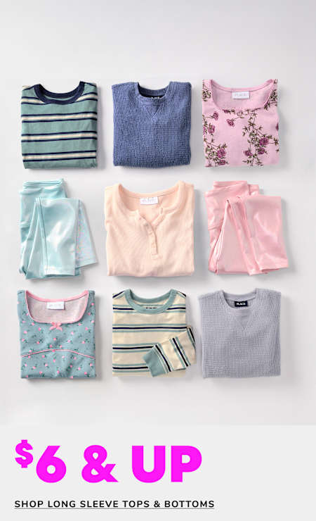 The image displays a collection of various long-sleeve tops and bottoms, including striped, floral, and solid-colored garments, arranged on a plain background with a "$6 & UP" price tag.