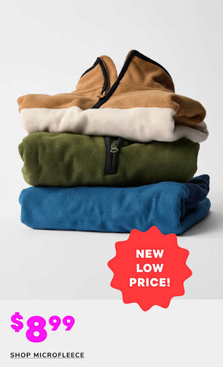 A stack of neatly folded microfleece clothing items in various colors, including tan, olive green, and blue, with a red price tag indicating a "New Low Price!" of $8.99.