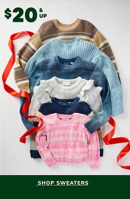 A collection of various colorful and patterned sweaters is displayed against a plain white background, with a price tag of "$20 up" prominently featured.