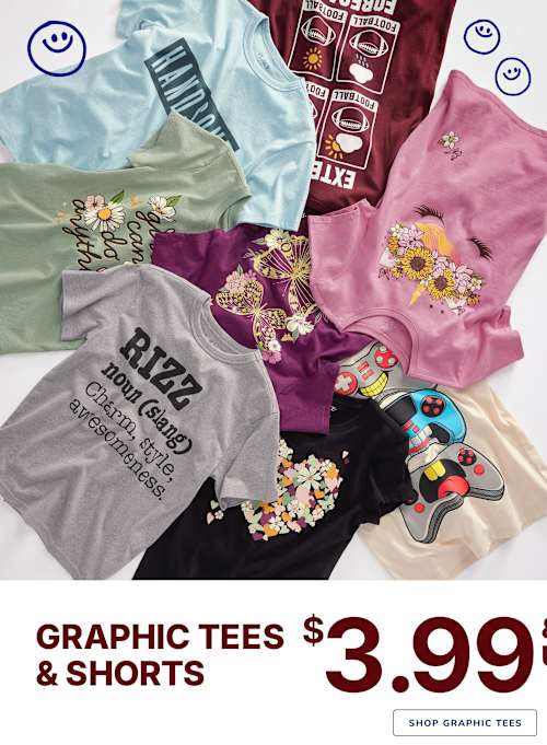 A colorful assortment of graphic t-shirts and shorts, featuring various designs and slogans, displayed on a store shelf with a price tag of $3.99.