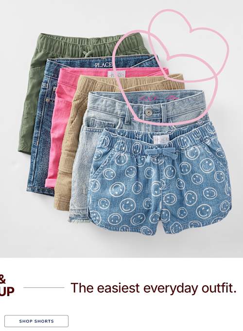 A collection of colorful and patterned shorts, including denim, khaki, and pink hues, arranged on a white background with a heart-shaped graphic overlay.