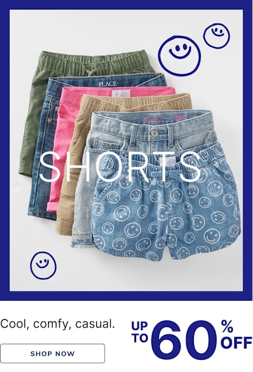 The image displays a variety of colorful and patterned shorts, including solid colors, prints, and designs. The background features a simple white backdrop with blue smiley face icons surrounding the shorts, creating a cheerful and casual atmosphere.