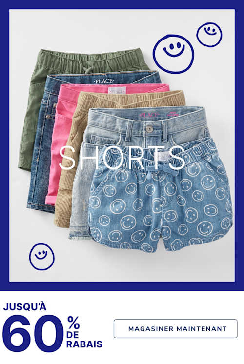 L'image présente une variété de shorts colorés et à motifs, unis, imprimés et autres. L'arrière-plan est blanc et simple, avec des smileys bleus autour des shorts, créant une ambiance joyeuse et décontractée.