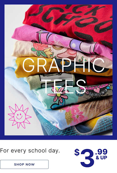 A stack of colorful, patterned fabrics and a graphic tees text overlay, with a price tag of $3.99 and up for every school day.