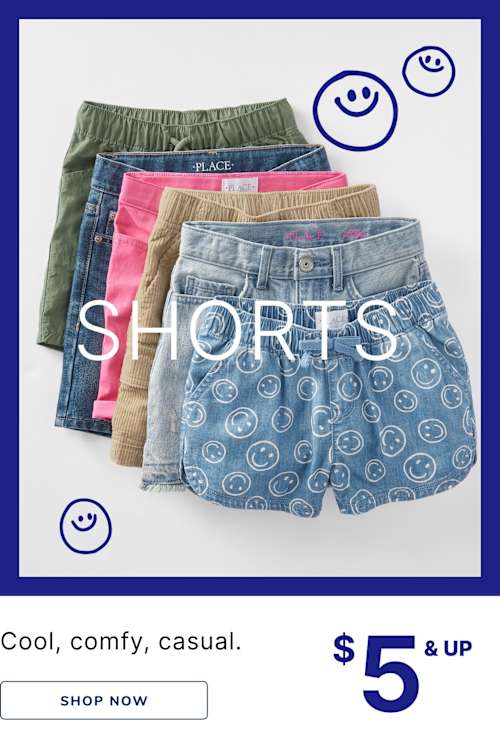 The image displays a variety of colorful and patterned shorts, including solid colors, prints, and designs. The background features a simple white backdrop with blue smiley face icons surrounding the shorts, creating a cheerful and casual atmosphere.