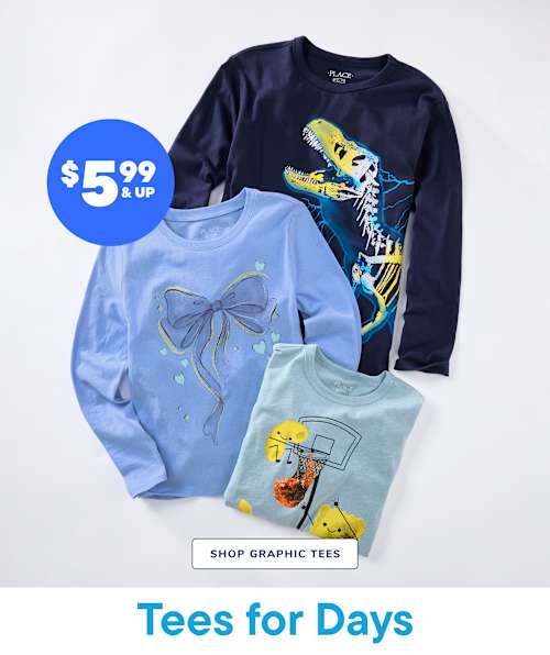 The image displays a collection of graphic t-shirts, including a navy blue shirt with a colorful dinosaur design, a light blue shirt with a bow pattern, and a light green shirt with a basketball hoop design. The shirts are arranged on a plain white background with a price tag indicating "$4.99 & up" for the graphic tees.