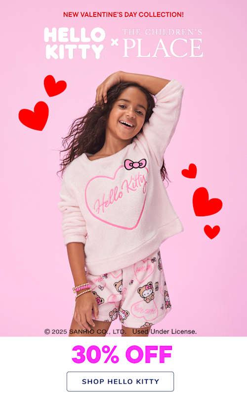 The image features a smiling young woman wearing a white sweatshirt with a Hello Kitty logo and hearts, set against a pink background with additional heart graphics.