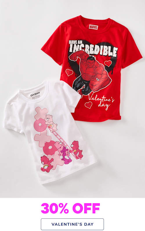 The image shows two red and white t-shirts with Valentine's Day-themed graphics and text, along with a 30% off sale promotion for Valentine's Day.