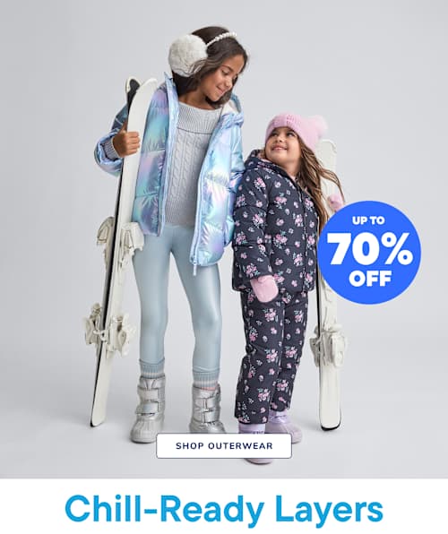 Two young girls wearing winter outfits and holding skis, with a large "XX% OFF" text overlay and a "SHOP OUTERWEAR" call-to-action in the background.