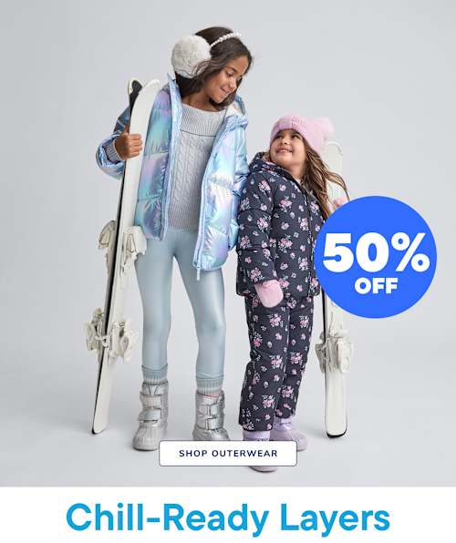 Two young girls wearing winter outfits and holding skis, with a large "50% OFF" text overlay and a "SHOP OUTERWEAR" call-to-action in the background.
