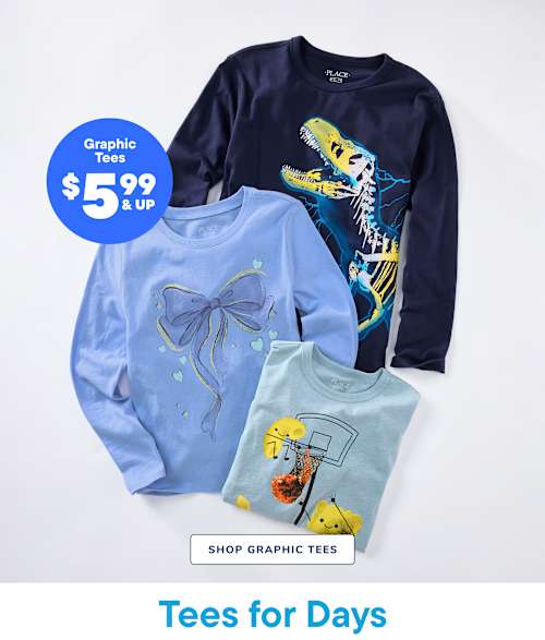 The image displays a collection of graphic t-shirts, including a navy blue shirt with a colorful dinosaur design, a light blue shirt with a bow pattern, and a light green shirt with a basketball hoop design. The shirts are arranged on a plain white background with a price tag indicating "$5.99 & up" for the graphic tees.