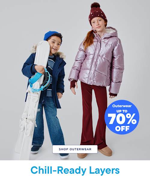 Two young girls wearing winter outfits and holding skis, with a large "XX% OFF" text overlay and a "SHOP OUTERWEAR" call-to-action in the background.