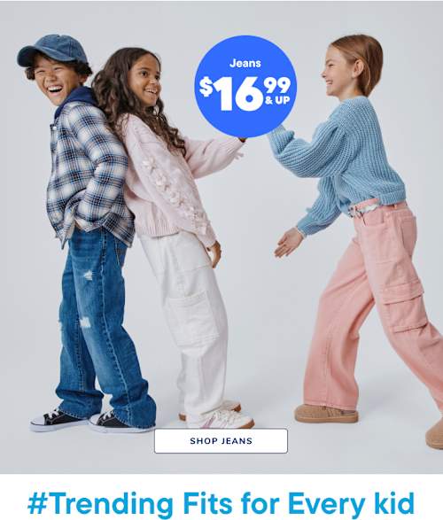 The image features three young individuals, two females and one male, dressed in casual clothing and interacting with each other in a playful manner. The background is a plain white setting, drawing the focus to the subjects and the promotional text for jeans priced at $16.99 and up.
