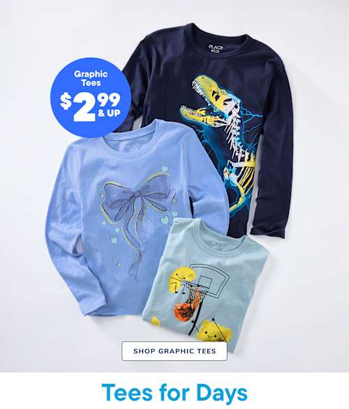 The image displays a collection of graphic t-shirts, including a navy blue shirt with a colorful dinosaur design, a light blue shirt with a bow pattern, and a light green shirt with a basketball hoop design. The shirts are arranged on a plain white background with a price tag indicating "$2.99 & up" for the graphic tees.