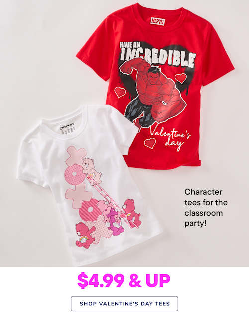 The image features two t-shirts, one red with a cartoon character and the text "You're incredible Valentine's day", and the other white with a pink cartoon character design. The background is a plain white surface.
