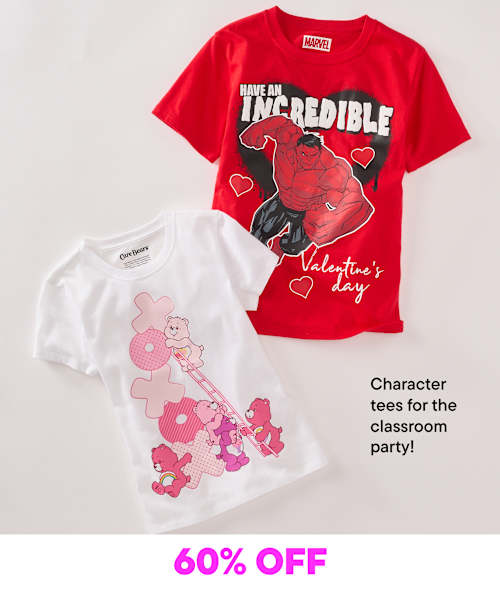The image shows two character-themed t-shirts, one featuring the Incredible Hulk character in a red design for Valentine's Day, and the other featuring a pink cartoon character in a white design, both presented against a plain background with a 60% off sale text overlay.