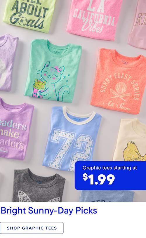 The image displays a variety of colorful graphic t-shirts, including designs featuring a cat, a sun, and text such as "About Deals" and "Surf Coast Vibes". The shirts are arranged on a white background, and a price tag indicating "Graphic tees starting at $1.99" is overlaid on the image.