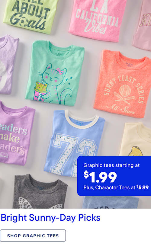 The image displays a variety of colorful graphic t-shirts, including designs featuring a cat, a sun, and text such as "About Deals" and "Surf Coast Vibes". The shirts are arranged on a white background, and a price tag indicating "Graphic tees starting at $1.99" is overlaid on the image.