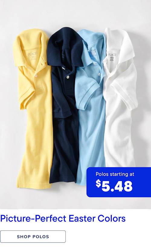 The image displays a collection of colorful polo shirts in various pastel shades, including yellow, navy blue, light blue, and white, arranged on a plain white background. A price tag indicating "Polos starting at $5.48" is prominently displayed at the bottom of the frame.