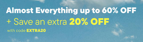 The image displays a promotional advertisement for a sale, offering up to 60% off and an additional 20% off with a specific promo code. The background is a solid blue color, providing a clean and simple backdrop for the text and graphics.