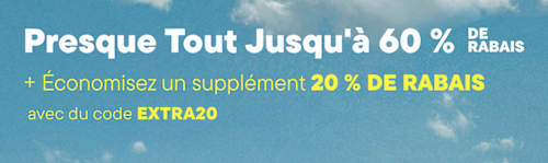 L'image présente une publicité promotionnelle pour une vente, offrant jusqu'à 60 % de réduction et 20 % de réduction supplémentaire avec un code promo spécifique. Le fond bleu uni offre un contraste sobre et épuré avec le texte et les graphismes.