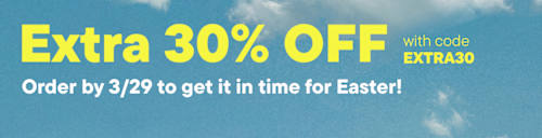 The image displays a blue sky background with white clouds, and in the foreground, there are text that reads "Get an extra 30% OFF with code EXTRA30"