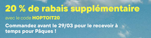 L'image présente une publicité promotionnelle pour une vente, offrant jusqu'à 60 % de réduction et 20 % de réduction supplémentaire avec un code promo spécifique. Le fond bleu uni offre un contraste sobre et épuré avec le texte et les graphismes.