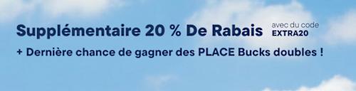 L'image affiche le texte « 20 % de réduction supplémentaire avec le code EXTRA20 ! Dernière chance de doubler vos points PLACE ! » sur un fond bleu clair.