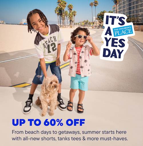 A group of young people enjoying a sunny day at the beach, with a sign that reads "It's a yes day From beach days to getaways, summer starts here with all-new shorts, tanks tees & more must-haves." in the foreground.
