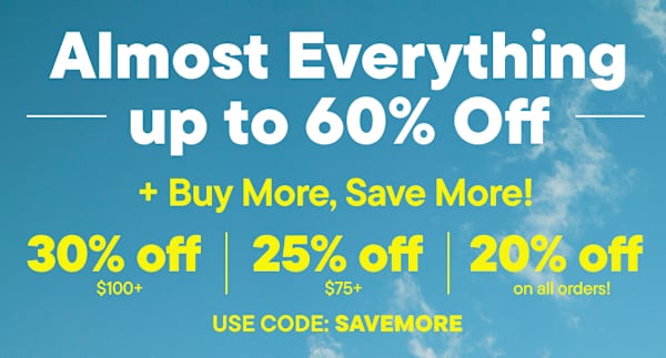 The image displays a promotional advertisement for a website, offering up to 60% off on purchases and an additional 25% off when spending $75 or more, using the code "SAVEMORE".