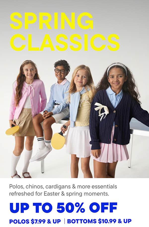 The image features a group of young women wearing various spring-themed clothing items, including cardigans, dresses, and skirts, against a plain background with a "Spring Classics" promotional text overlay.