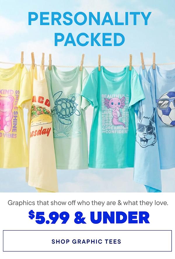 A colorful display of various graphic-printed shirts and tops hanging on a clothesline, with the text "PERSONALITY PACKED" prominently displayed above the clothing items, which are priced at $5.99 and under.