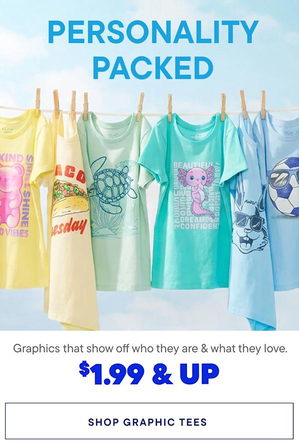 A colorful display of various t-shirts and tank tops hanging on a clothesline, with the text "PERSONALITY PACKED" prominently displayed above the clothing items. The background is a light blue color, creating a clean and vibrant visual.