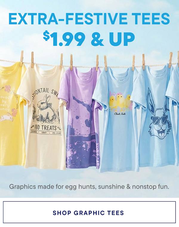 A variety of colorful graphic t-shirts are displayed on clotheslines against a bright blue sky background, with a text overlay advertising the latest tees for $2.99 and up.