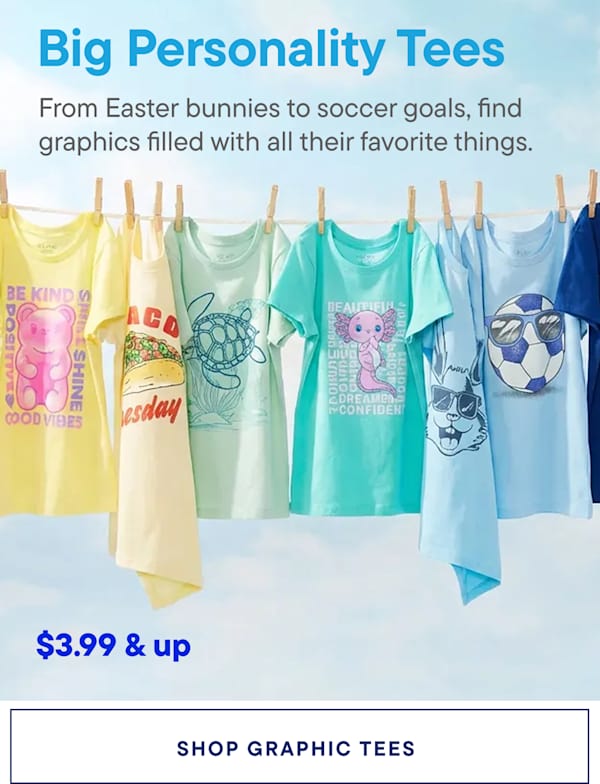 The image displays a variety of colorful graphic t-shirts hanging on a clothesline against a bright, blue sky background. The t-shirts feature various designs and patterns, ranging from Easter bunnies to soccer goals, catering to different interests and preferences.